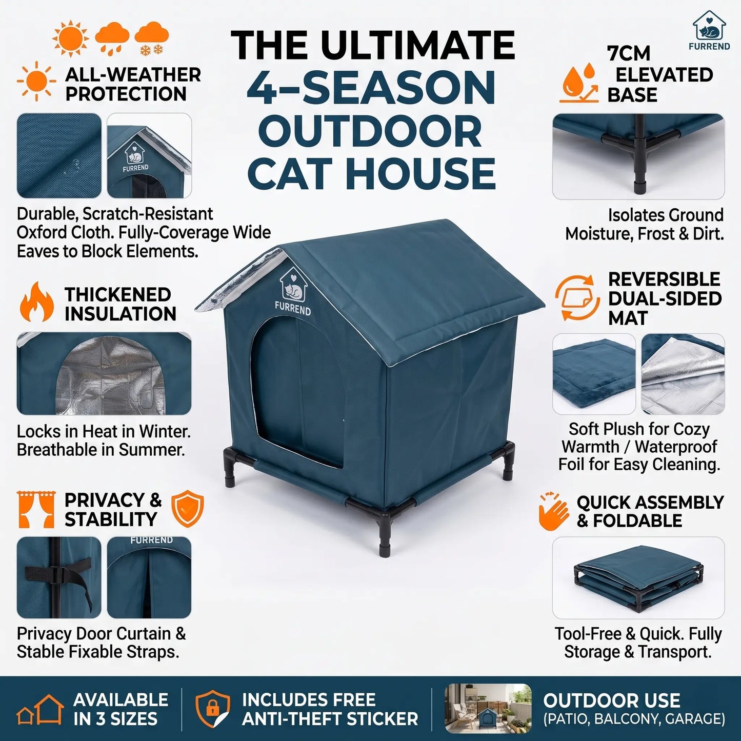 All-Weather Cat House with Waterproof, Windproof, and Scratch-Resistant Features – Spacious Design for Multiple Kittens and Small Dogs, Includes Mounting Brackets and Easy-Clean Soft Blanket