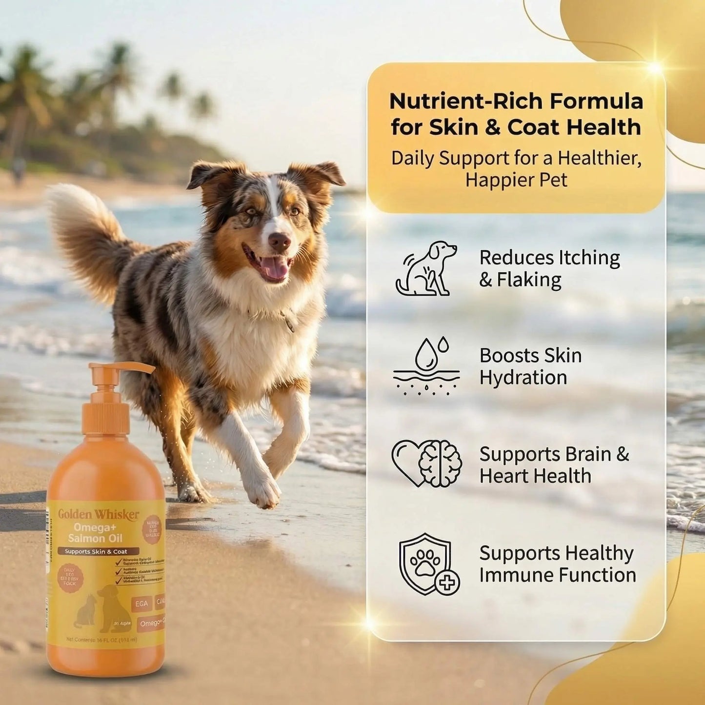 Golden Whisker Salmon Elixir for Cats and Dogs – Premium Omega-3 Supplement with Vitamin E, Taurine, and Pumpkin Seed Oil for Enhanced Skin, Coat, and Joint Health