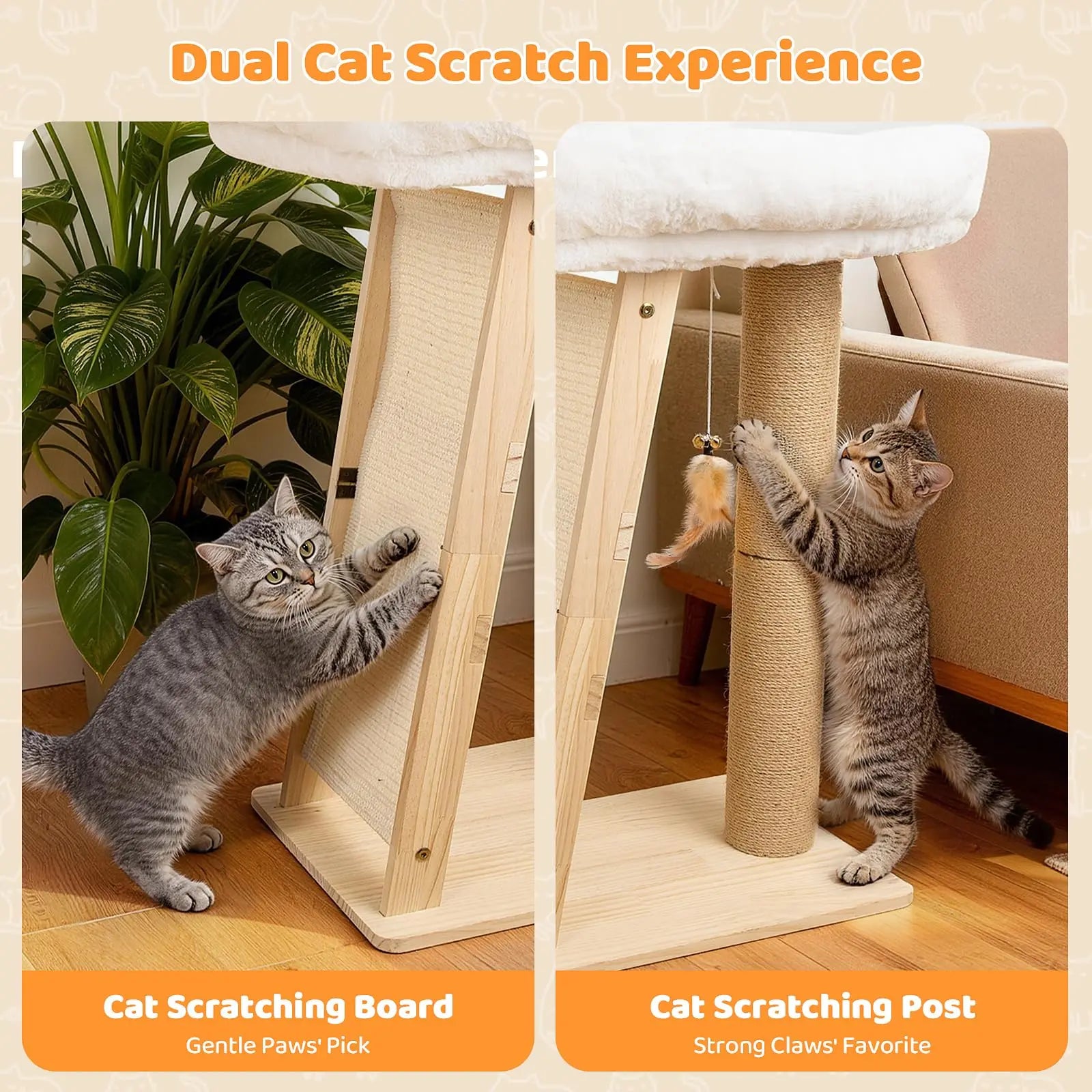 Multi-Functional Cat Scratching Post and Bed: Includes Sisal Column, Angled Pad, Bell Toy, and Removable Washable Nest for Indoor Cats, Easy Assembly for Play, Scratching, and Rest.