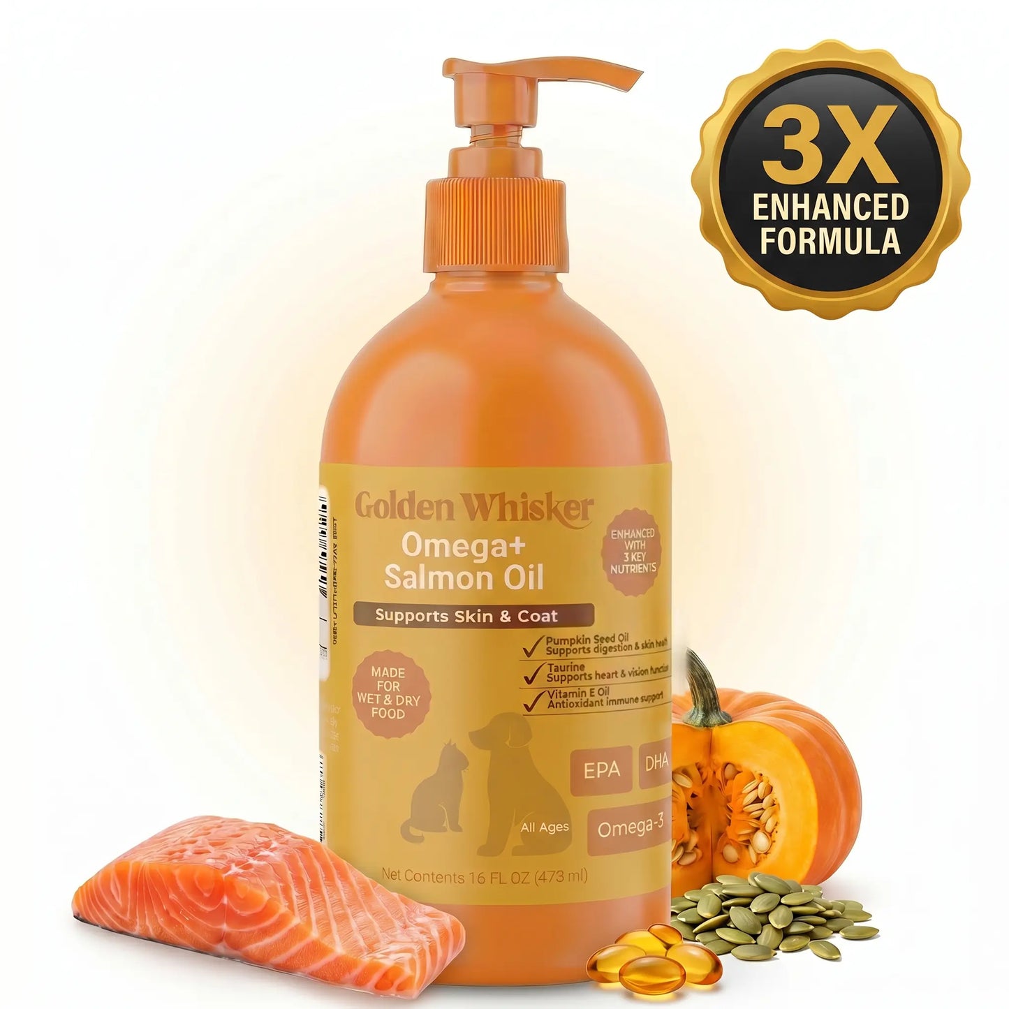Golden Whisker Salmon Elixir for Cats and Dogs – Premium Omega-3 Supplement with Vitamin E, Taurine, and Pumpkin Seed Oil for Enhanced Skin, Coat, and Joint Health