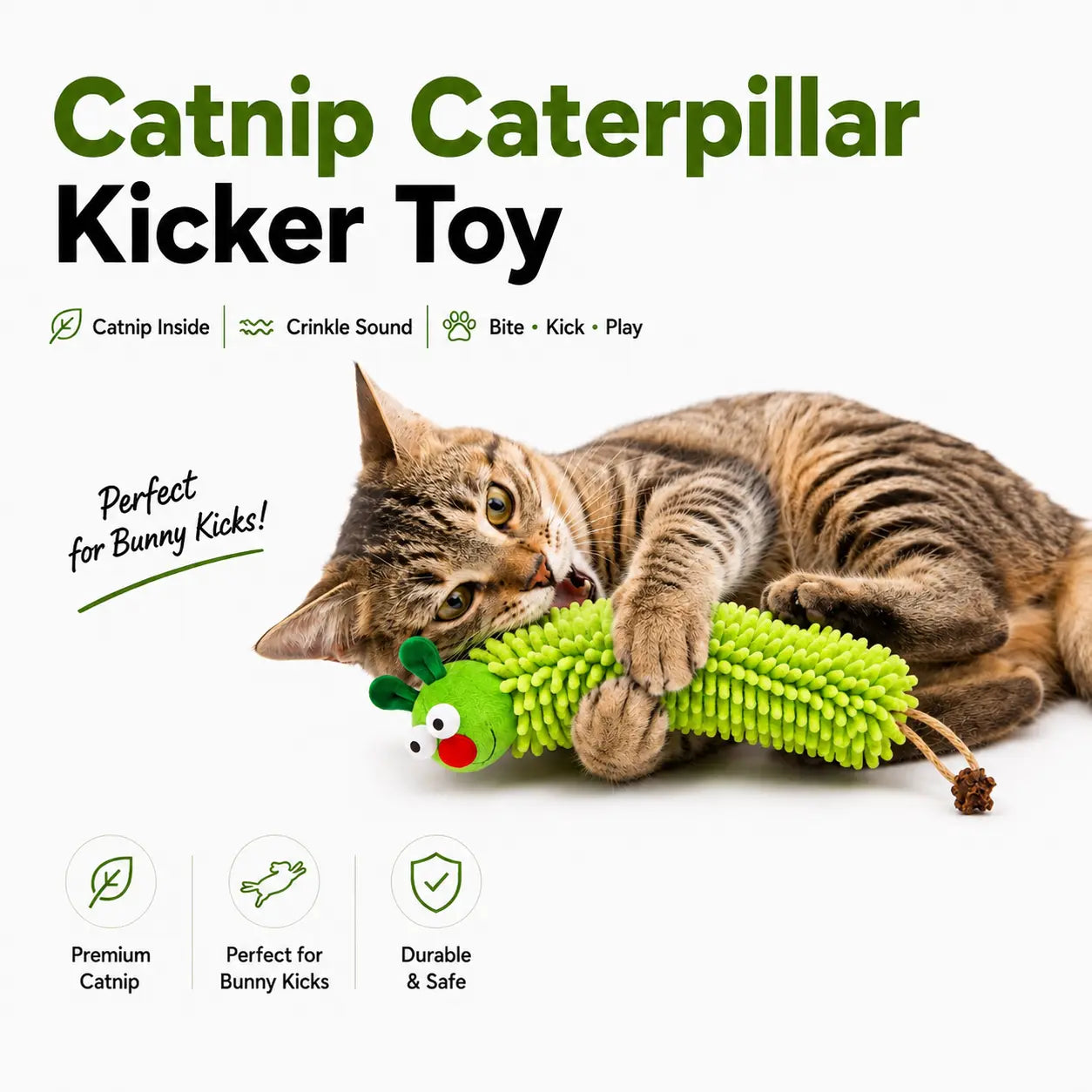 Catnip Caterpillar Plush Pillow - Interactive Crinkle Sound Toy with Catnip Head and Silvervine Tail for Indoor Cats