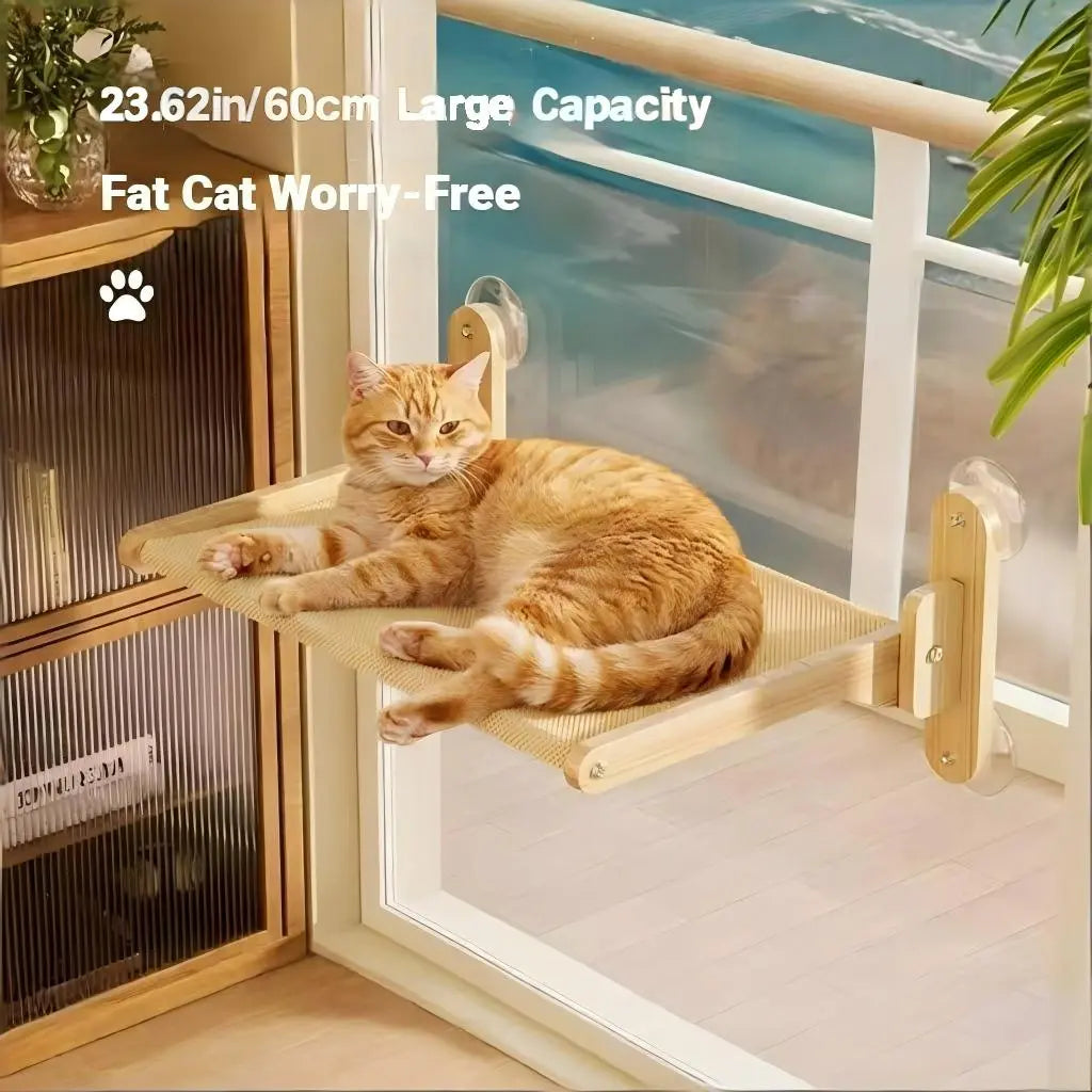 Foldable Solid Wood Cat Window Perch with Heavy-Duty Suction Cup Hammock - Space-Saving Design and Breathable Mesh for Large Cats