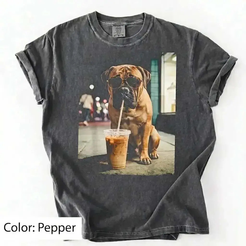 Unisex Graphic Tee Showcasing 50 Dog Breeds - Stylish Iced Coffee Design for Dog Enthusiasts