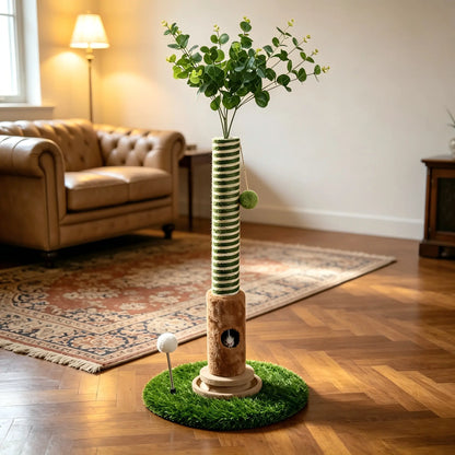 39-Inch Interactive Cat Scratching Post with Eucalyptus Leaves - 4-in-1 Cat Tree Tower with Toy Balls - Modern Indoor Pet Furniture for Living Room - Sisal Rope Scratch Post