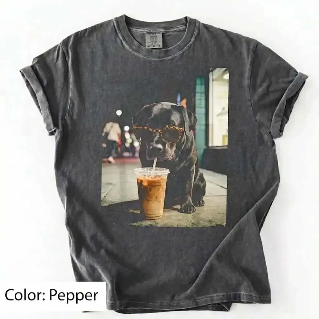 Unisex Graphic Tee Showcasing 50 Dog Breeds - Stylish Iced Coffee Design for Dog Enthusiasts