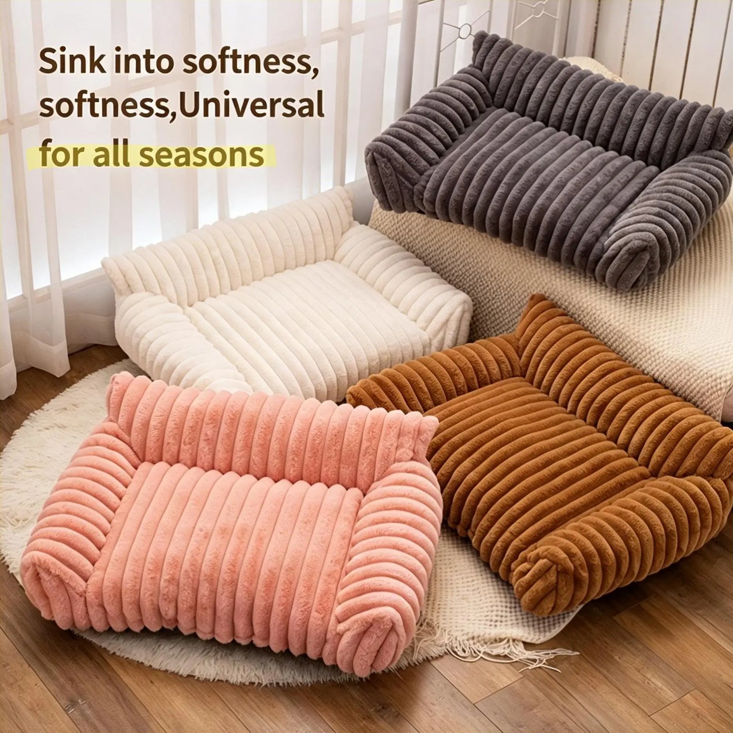 Premium Fluffy Fleece Pet Sofa Bed - 4 Stylish Designs, Soft and Cozy, Washable Cover, Ideal for Indoor Cats and Outdoor Use