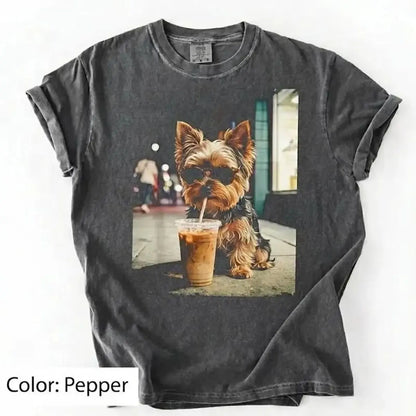 Unisex Graphic Tee Showcasing 50 Dog Breeds - Stylish Iced Coffee Design for Dog Enthusiasts