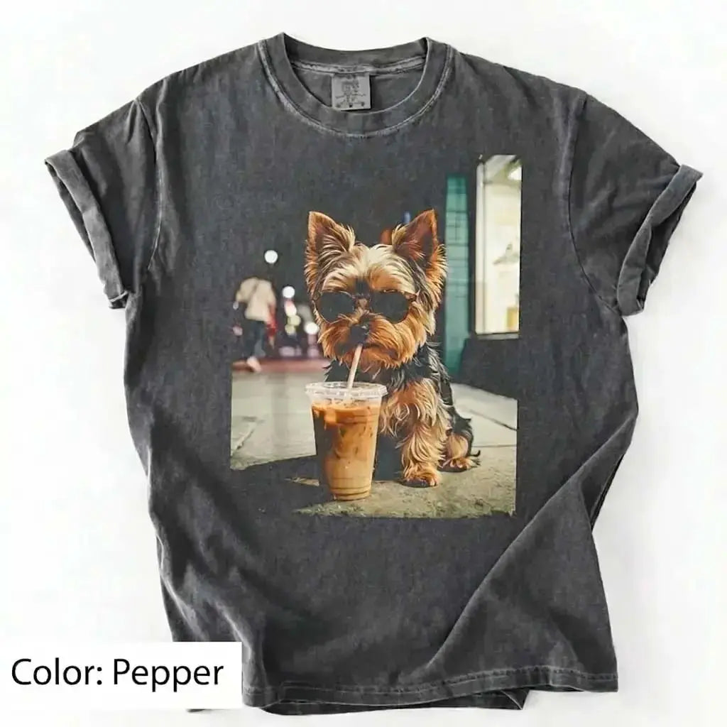 Unisex Graphic Tee Showcasing 50 Dog Breeds - Stylish Iced Coffee Design for Dog Enthusiasts