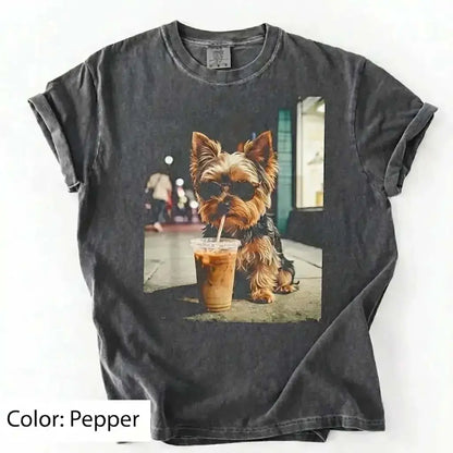 Unisex Graphic Tee Showcasing 50 Dog Breeds - Stylish Iced Coffee Design for Dog Enthusiasts