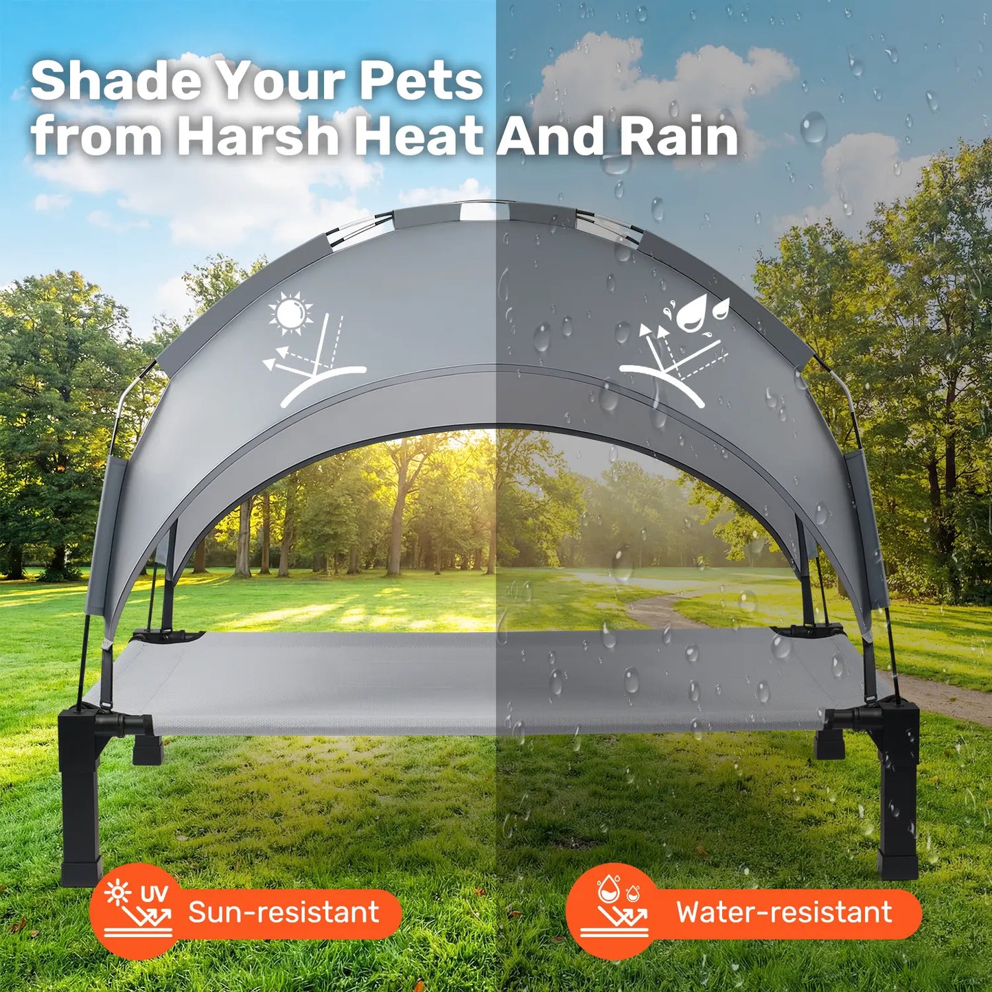 Elevated Outdoor Dog Bed with Removable Canopy for Large Breeds - Portable Cot with Sun Shade, Raised Pet Hammock, Breathable and Durable Design for Indoor and Outdoor Use.
