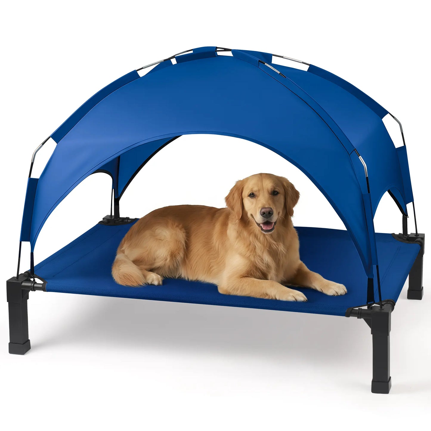 Elevated Outdoor Dog Bed with Removable Canopy for Large Breeds - Portable Cot with Sun Shade, Raised Pet Hammock, Breathable and Durable Design for Indoor and Outdoor Use.