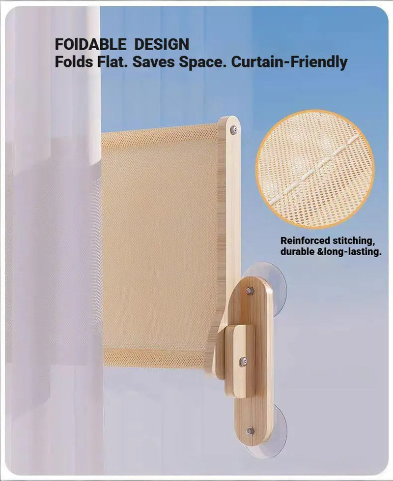 Foldable Solid Wood Cat Window Perch with Heavy-Duty Suction Cup Hammock - Space-Saving Design and Breathable Mesh for Large Cats
