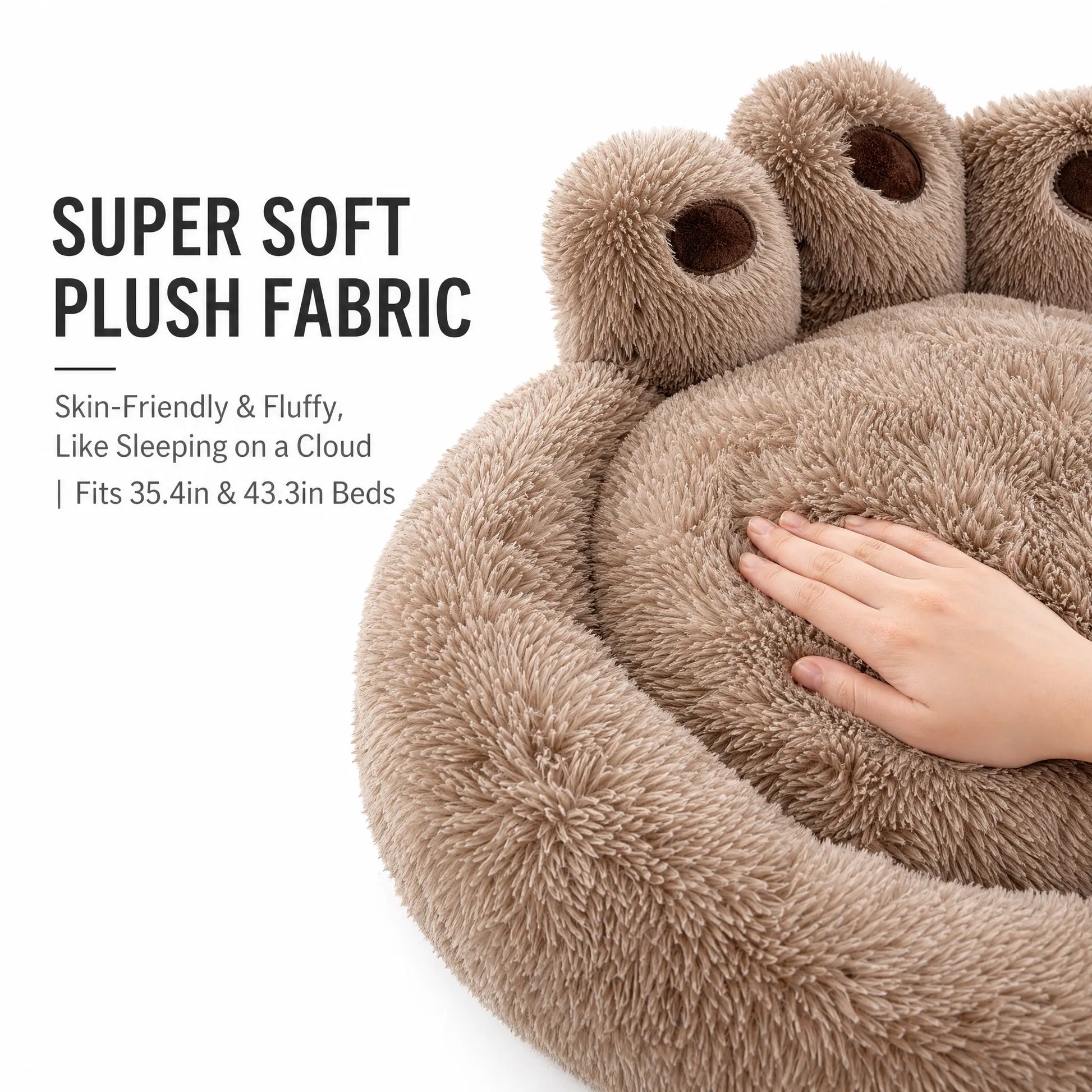 Plush Bear Paw Shaped Calming Pet Bed for Dogs and Cats, Warm and Soft with Removable Washable Cushion and Non-Slip Bottom, Available in Khaki, Gray, and Pink, Sizes 35.4in and 43.3in