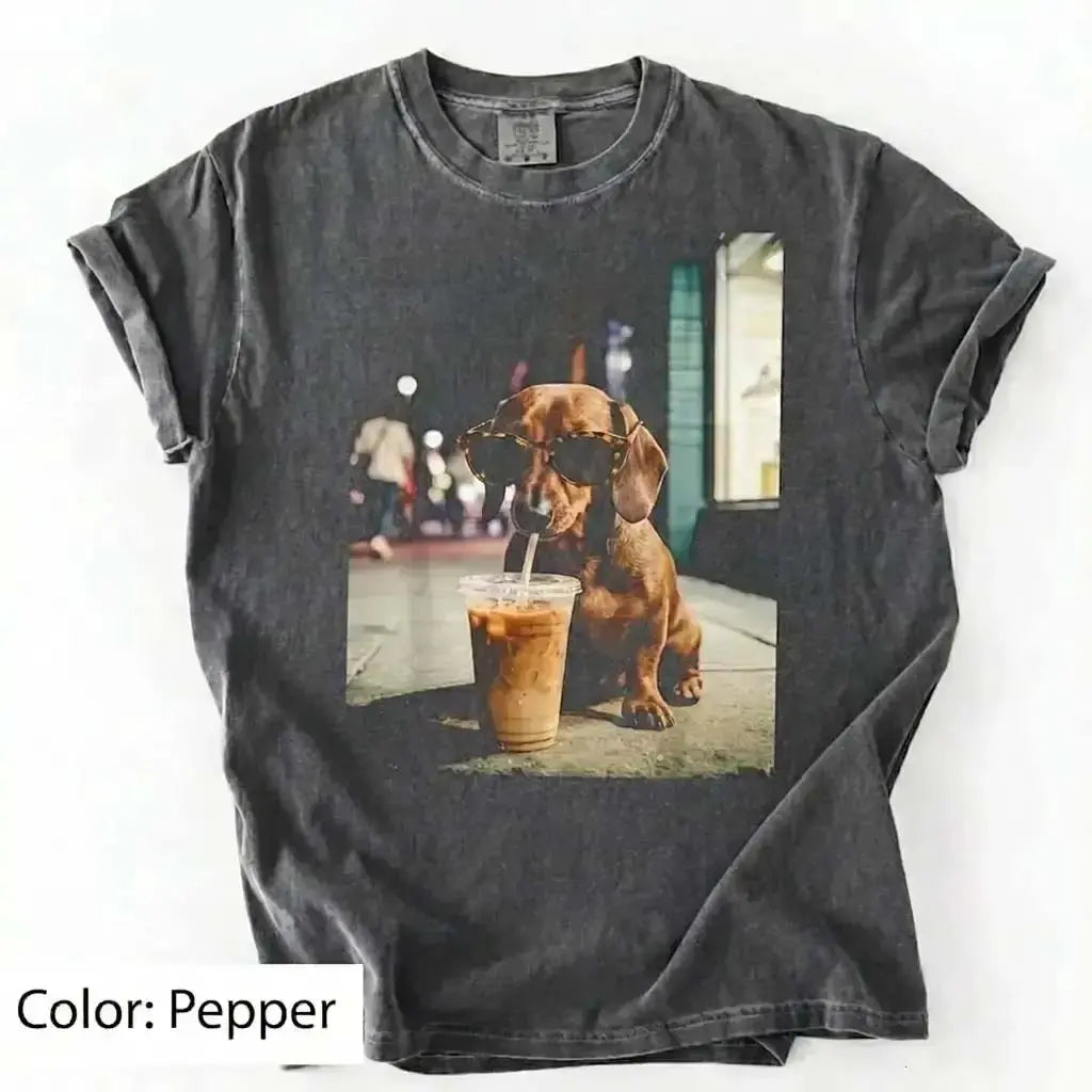 Unisex Graphic Tee Showcasing 50 Dog Breeds - Stylish Iced Coffee Design for Dog Enthusiasts
