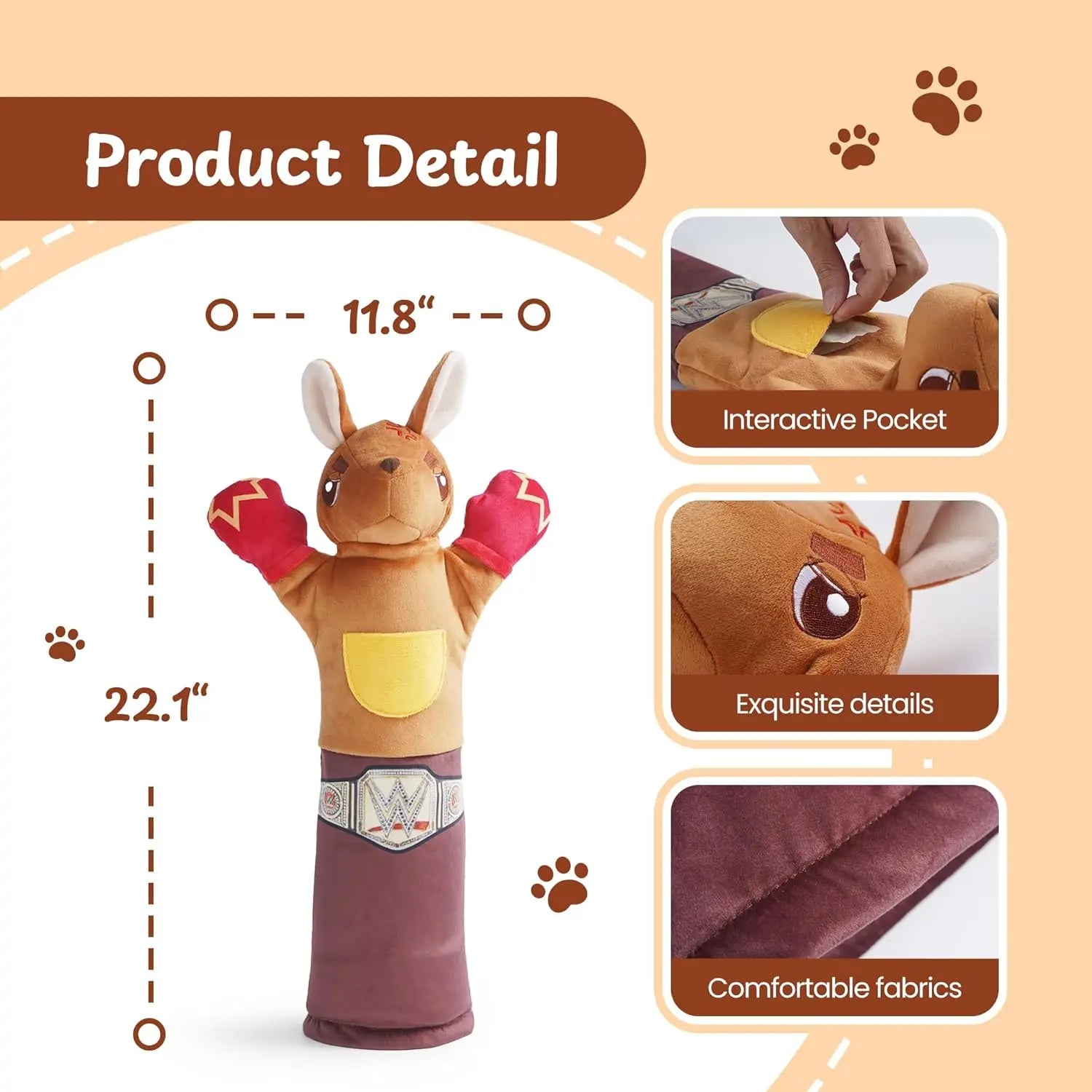 PURETOY Rumble Roo Cat Wrestling Toy - 22-Inch Kangaroo Puppet with Catnip Pouches and Treat Pocket, Includes Reinforced Protective Glove for Interactive Play, Ideal Bonding Toy for Cats of All Ages