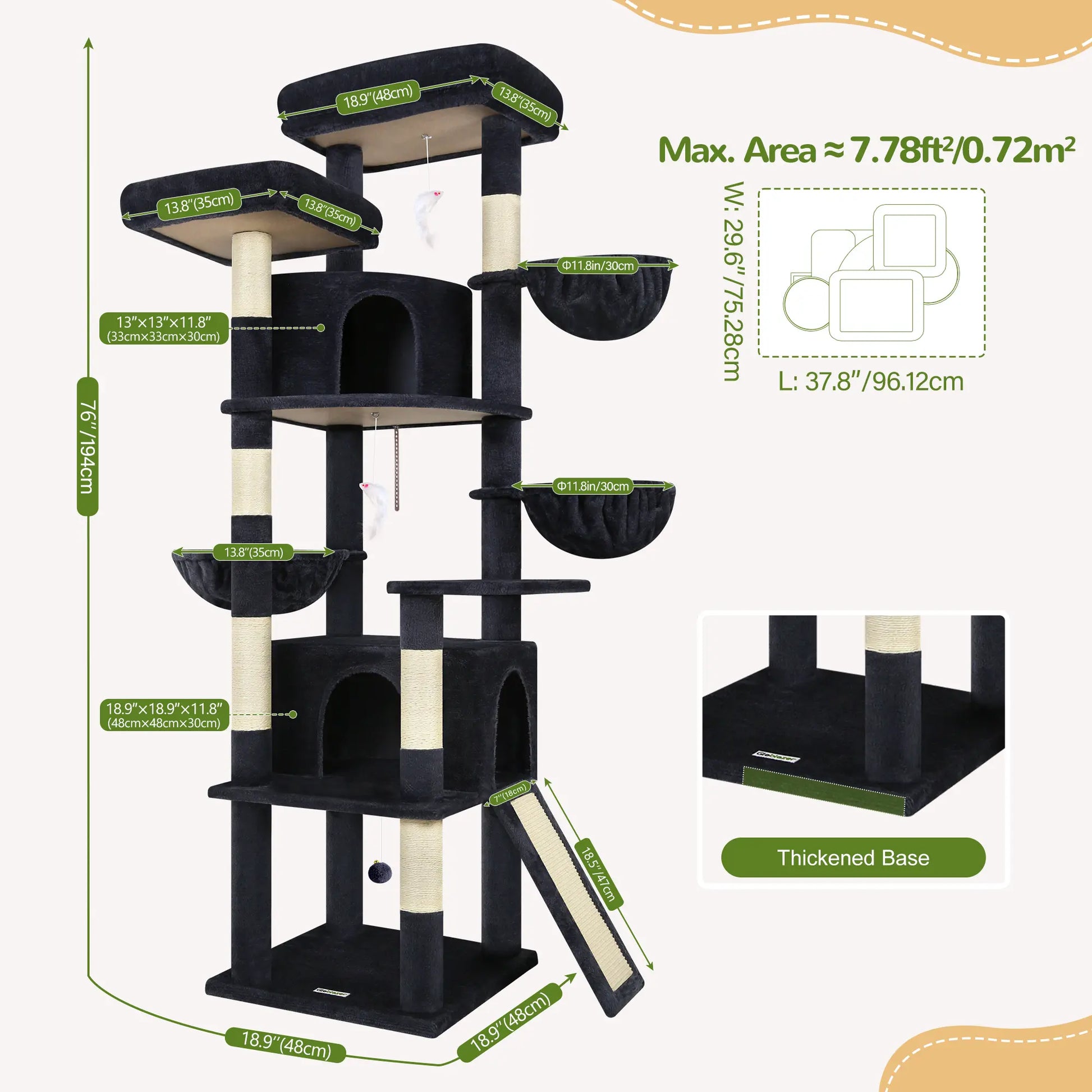 DESKAT 76-Inch Cat Tree for Large Cats with Two Condos, Three Hammocks, and Sisal Scratching Posts