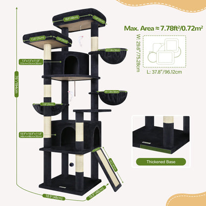 DESKAT 76-Inch Cat Tree for Large Cats with Two Condos, Three Hammocks, and Sisal Scratching Posts