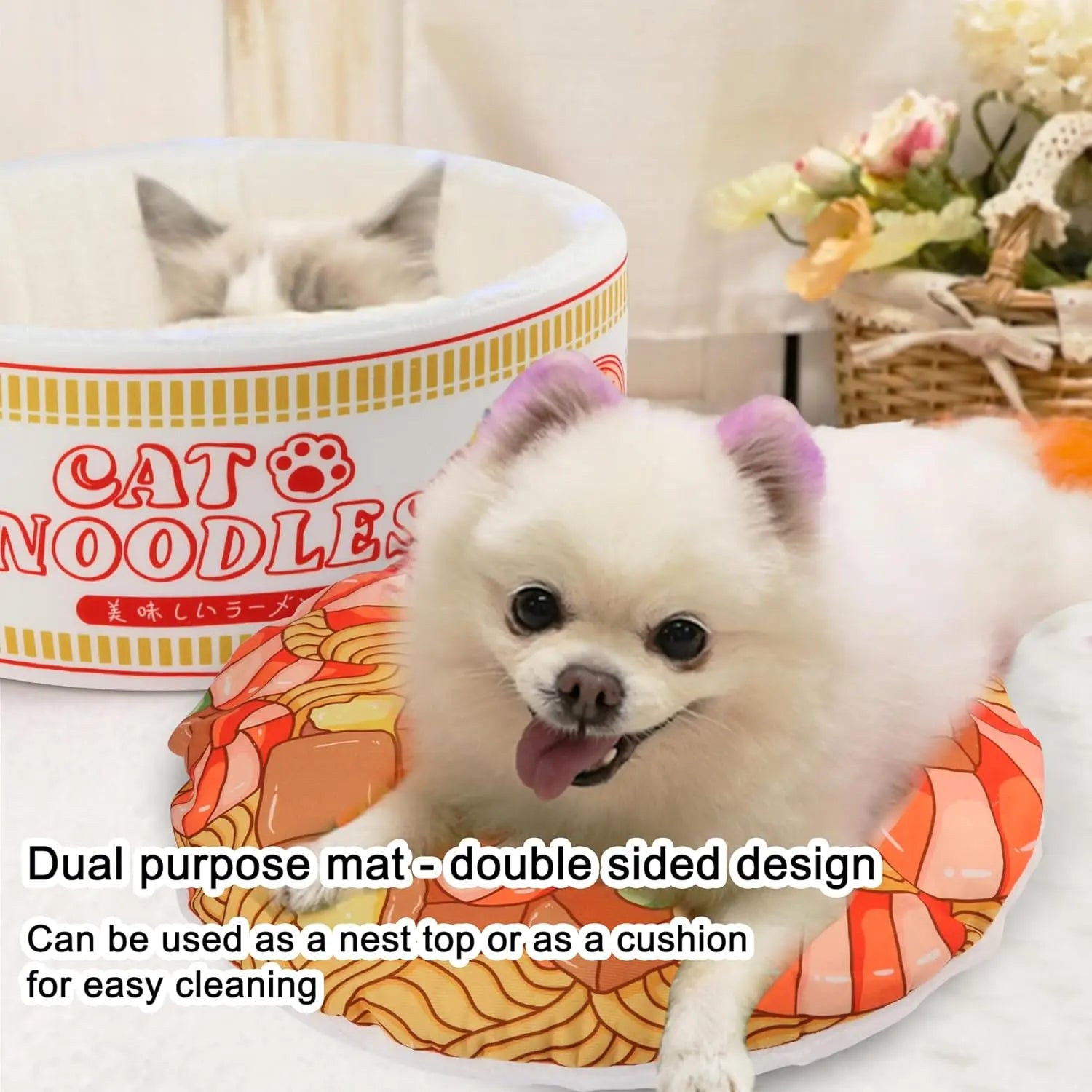Ramen Noodle Pet Bed with Removable Washable Cushion - Cozy and Warm Nest for Indoor Cats and Dogs of All Sizes