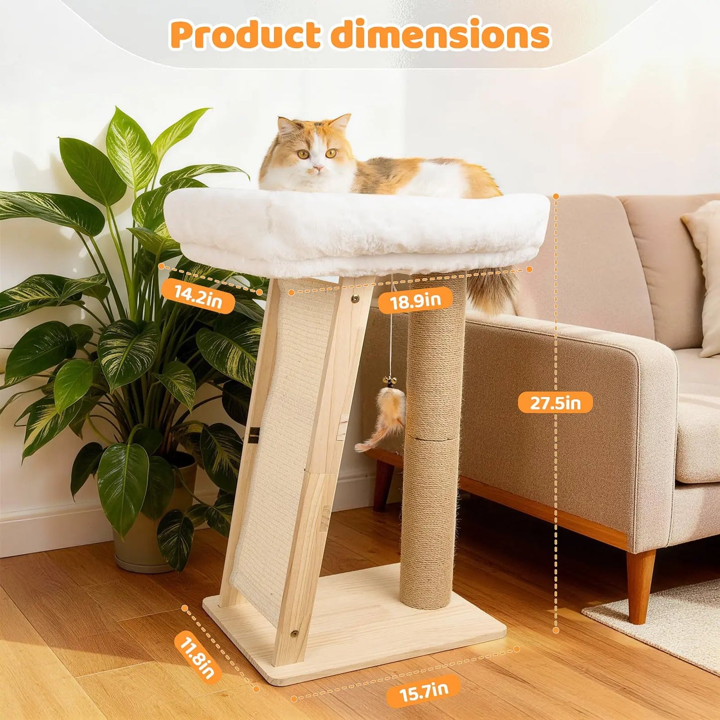 Multi-Functional Cat Scratching Post and Bed: Includes Sisal Column, Angled Pad, Bell Toy, and Removable Washable Nest for Indoor Cats, Easy Assembly for Play, Scratching, and Rest.