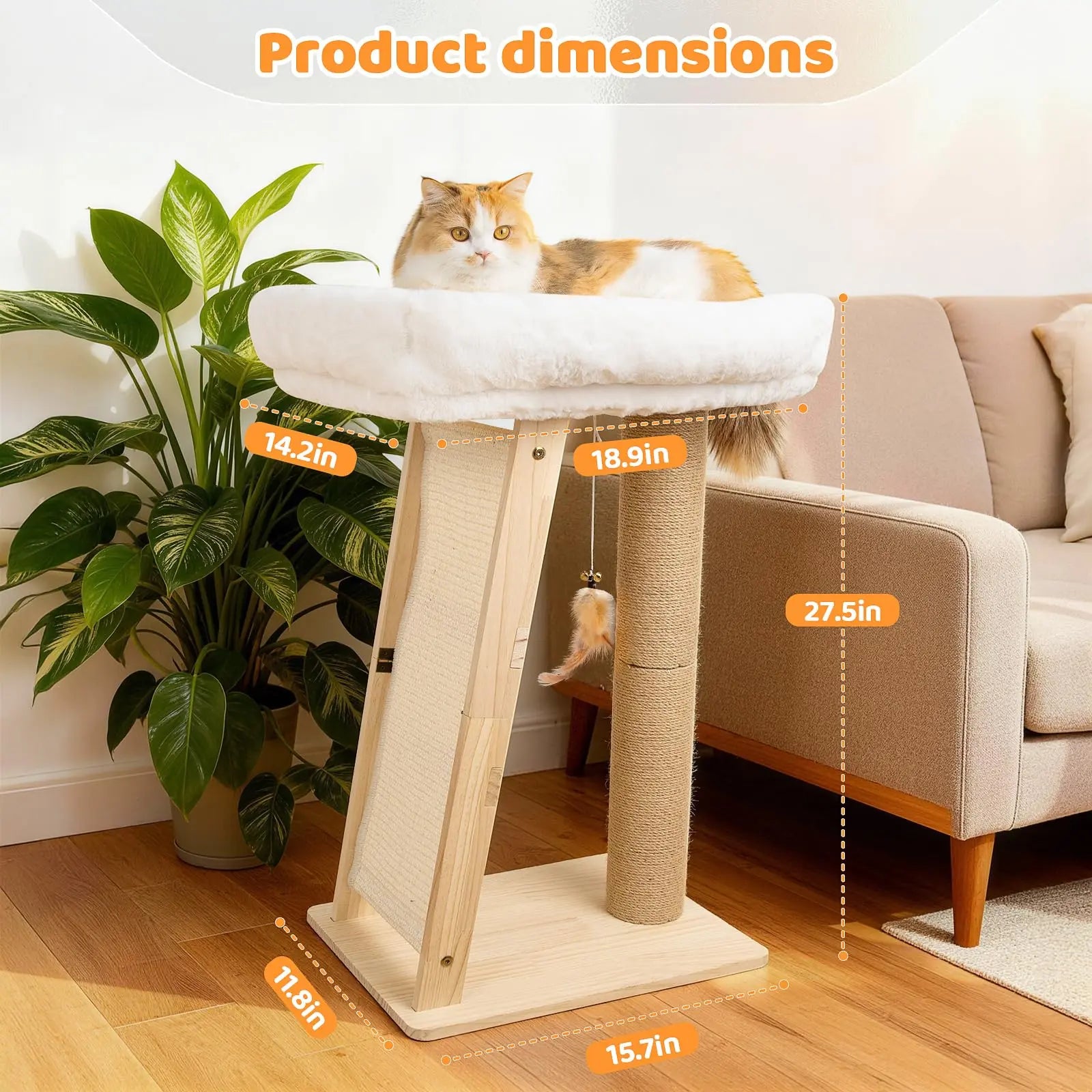 Multi-Functional Cat Scratching Post and Bed: Includes Sisal Column, Angled Pad, Bell Toy, and Removable Washable Nest for Indoor Cats, Easy Assembly for Play, Scratching, and Rest.