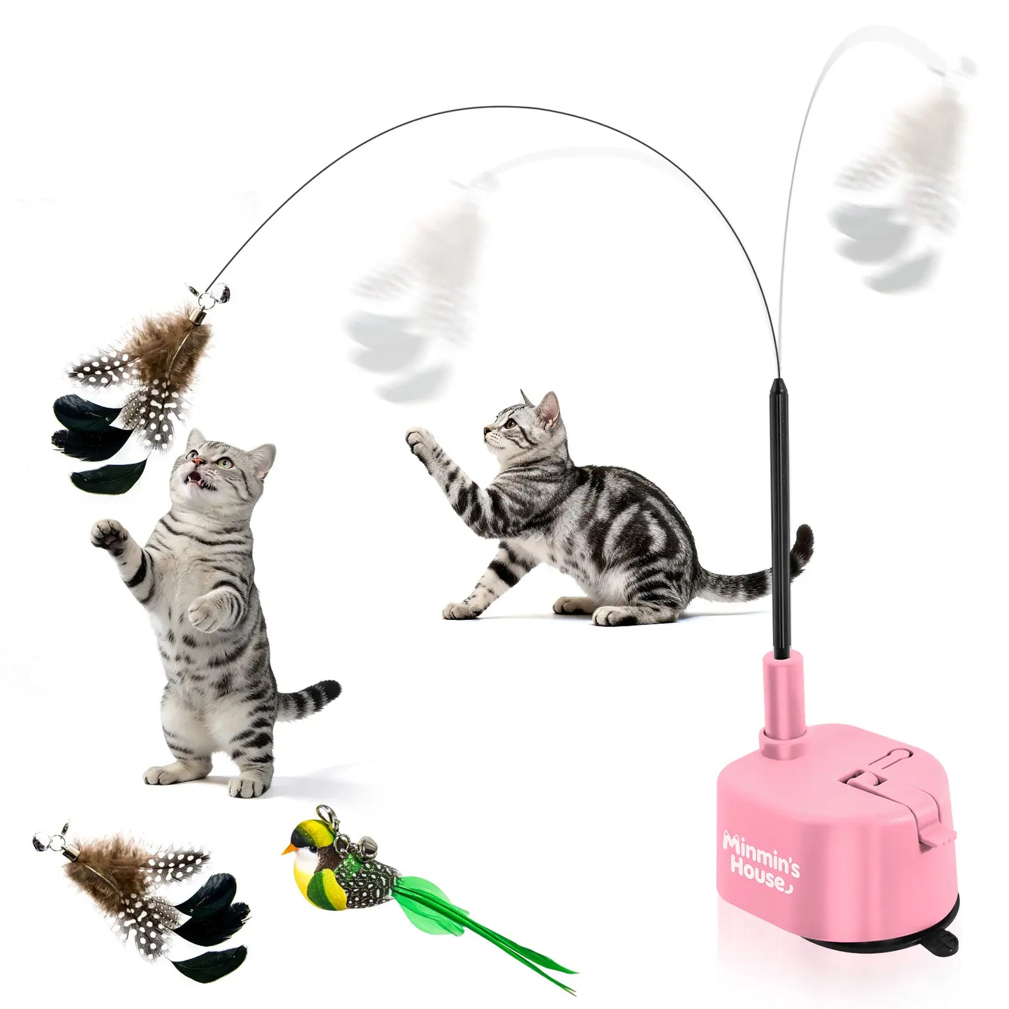 Automatic 360° Swirling Flying Bird Feather Interactive Cat Toy - USB Rechargeable Electric Teaser with Reusable Strong Sticky Vacuum Suction Cup Base for Indoor Cats
