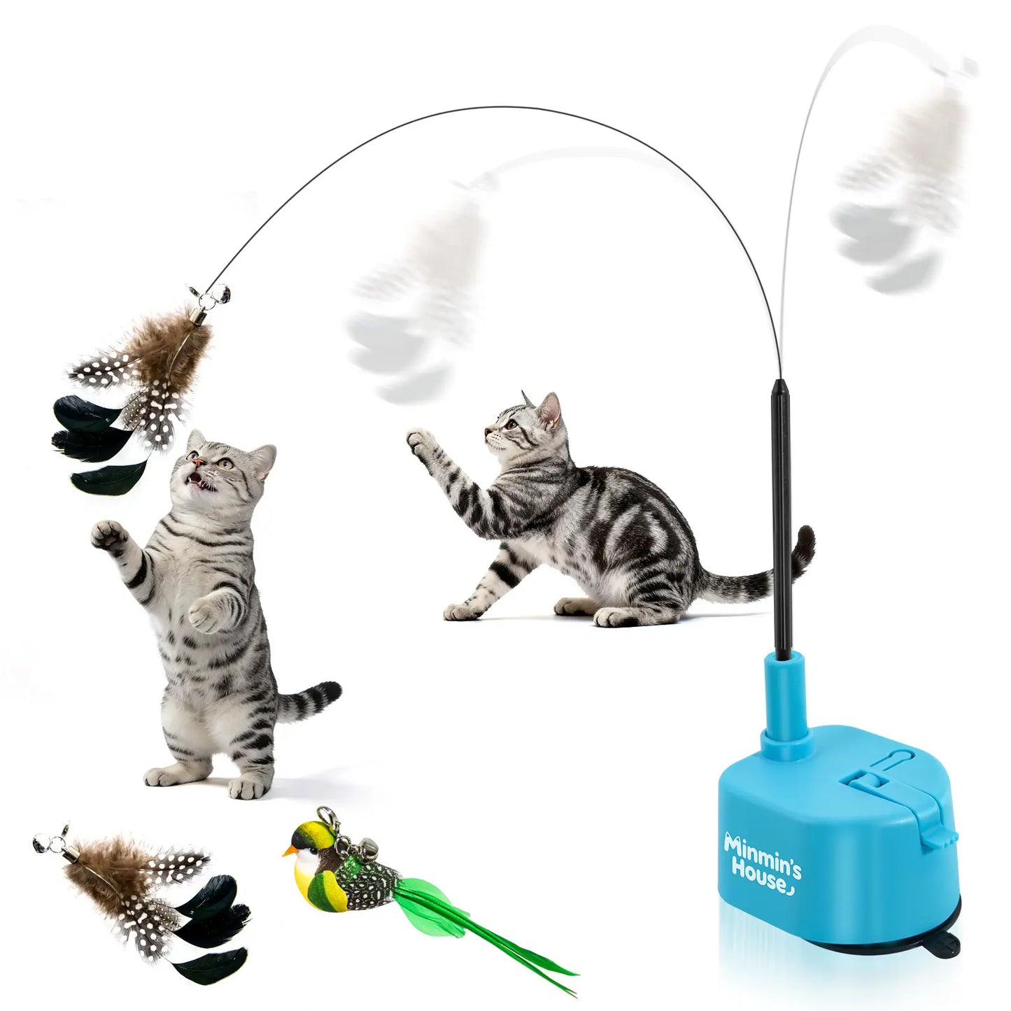 Automatic 360° Swirling Flying Bird Feather Interactive Cat Toy - USB Rechargeable Electric Teaser with Reusable Strong Sticky Vacuum Suction Cup Base for Indoor Cats