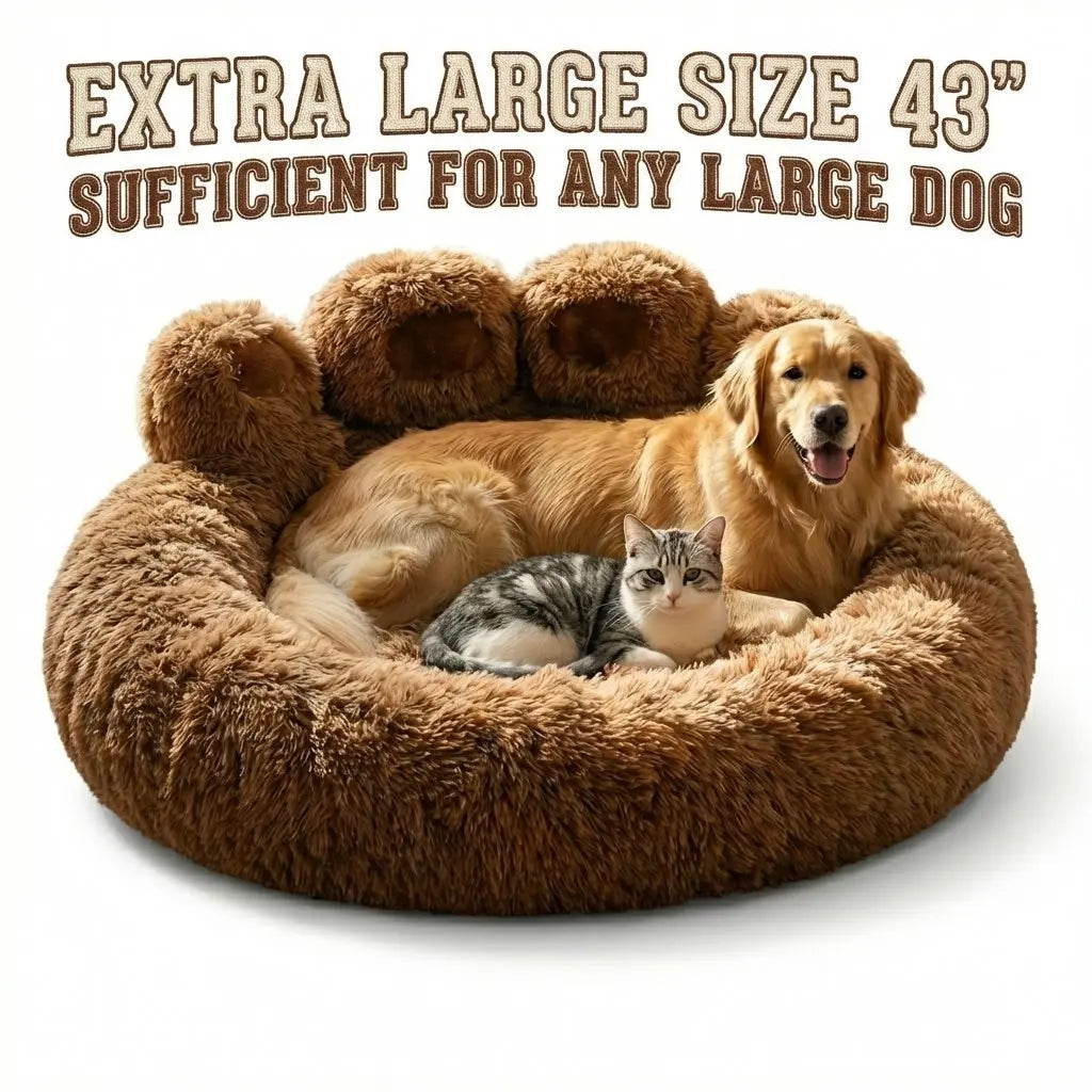Plush Bear Paw Shaped Calming Pet Bed for Dogs and Cats, Warm and Soft with Removable Washable Cushion and Non-Slip Bottom, Available in Khaki, Gray, and Pink, Sizes 35.4in and 43.3in