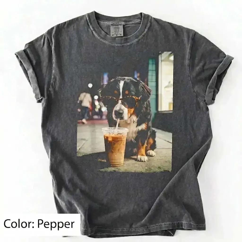 Unisex Graphic Tee Showcasing 50 Dog Breeds - Stylish Iced Coffee Design for Dog Enthusiasts