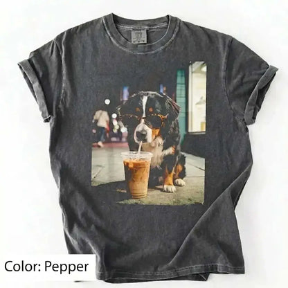Unisex Graphic Tee Showcasing 50 Dog Breeds - Stylish Iced Coffee Design for Dog Enthusiasts