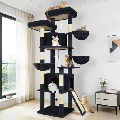 DESKAT 76-Inch Cat Tree for Large Cats with Two Condos, Three Hammocks, and Sisal Scratching Posts