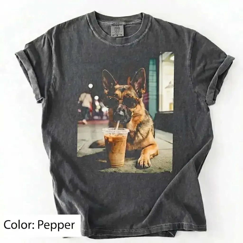 Unisex Graphic Tee Showcasing 50 Dog Breeds - Stylish Iced Coffee Design for Dog Enthusiasts