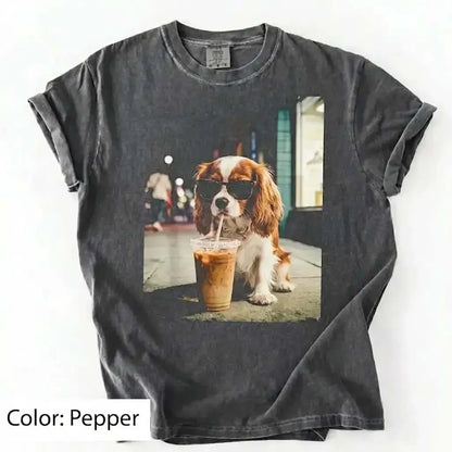 Unisex Graphic Tee Showcasing 50 Dog Breeds - Stylish Iced Coffee Design for Dog Enthusiasts