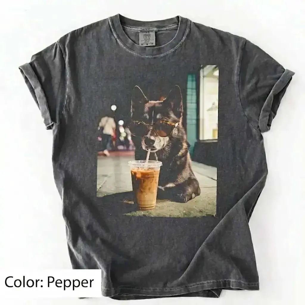 Unisex Graphic Tee Showcasing 50 Dog Breeds - Stylish Iced Coffee Design for Dog Enthusiasts