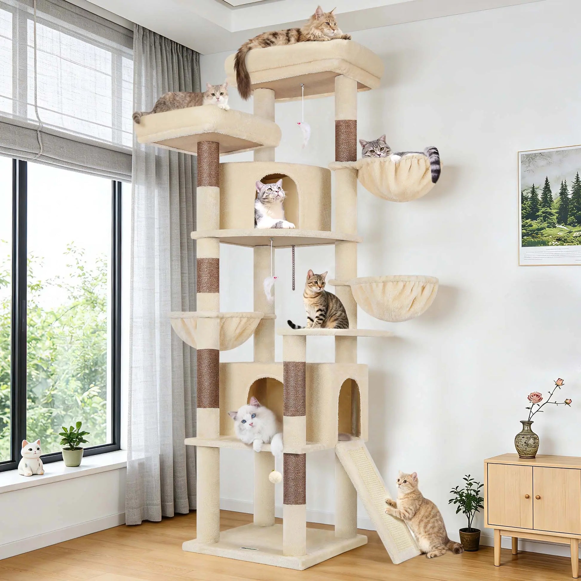 DESKAT 76-Inch Cat Tree for Large Cats with Two Condos, Three Hammocks, and Sisal Scratching Posts