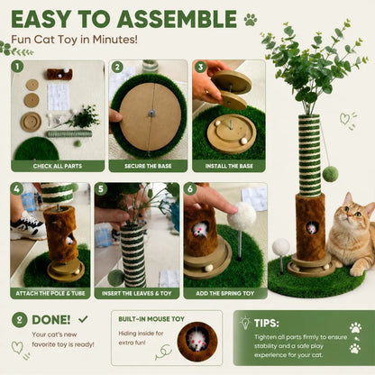 39-Inch Interactive Cat Scratching Post with Eucalyptus Leaves - 4-in-1 Cat Tree Tower with Toy Balls - Modern Indoor Pet Furniture for Living Room - Sisal Rope Scratch Post