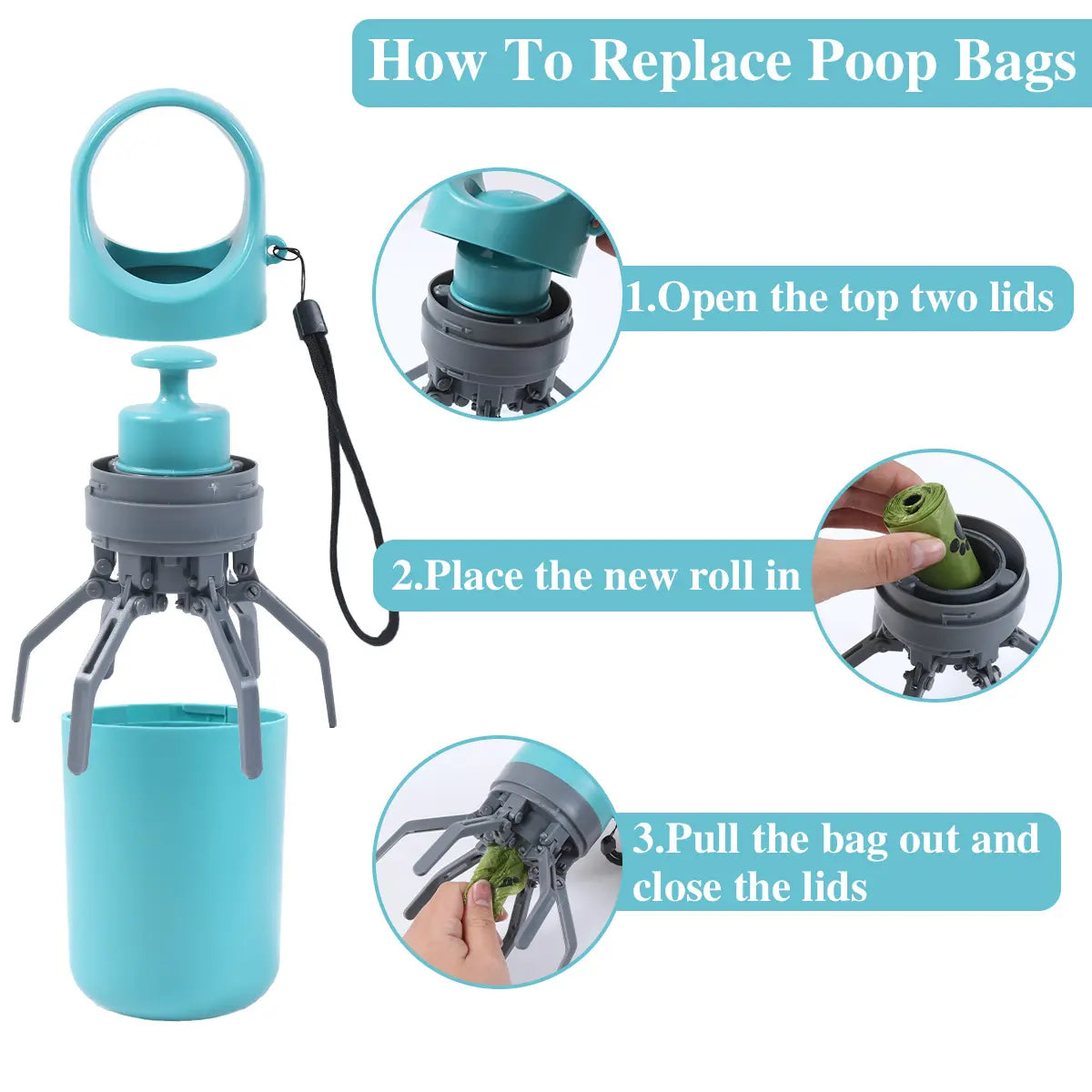 Portable No-Touch Dog Waste Scooper with Teal Green Claw Design, Includes 15 Bag Attachments and Leak-Proof Storage Container