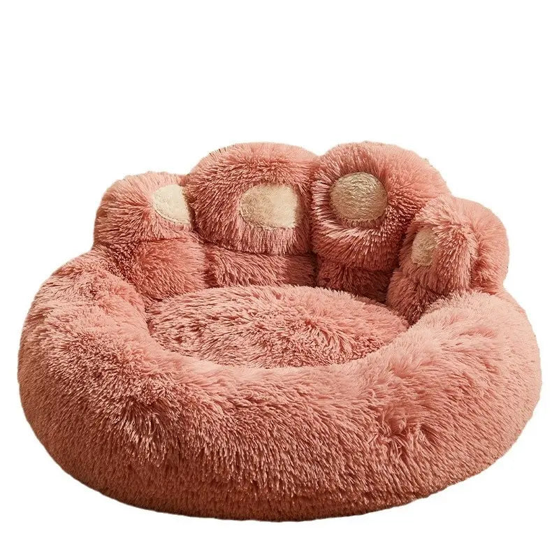 Plush Bear Paw Shaped Calming Pet Bed for Dogs and Cats, Warm and Soft with Removable Washable Cushion and Non-Slip Bottom, Available in Khaki, Gray, and Pink, Sizes 35.4in and 43.3in
