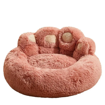 Plush Bear Paw Shaped Calming Pet Bed for Dogs and Cats, Warm and Soft with Removable Washable Cushion and Non-Slip Bottom, Available in Khaki, Gray, and Pink, Sizes 35.4in and 43.3in