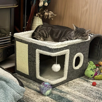 Indoor Cat Bed with Spacious Entry, Foldable Design, Round Windows, and Reversible Double-Sided Cushions, Supports Up to 30 Pounds, Ideal for All Seasons