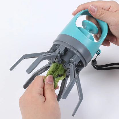 Portable No-Touch Dog Waste Scooper with Teal Green Claw Design, Includes 15 Bag Attachments and Leak-Proof Storage Container
