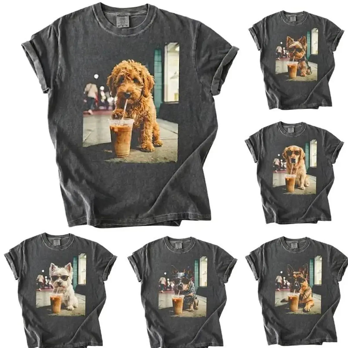 Unisex Graphic Tee Showcasing 50 Dog Breeds - Stylish Iced Coffee Design for Dog Enthusiasts