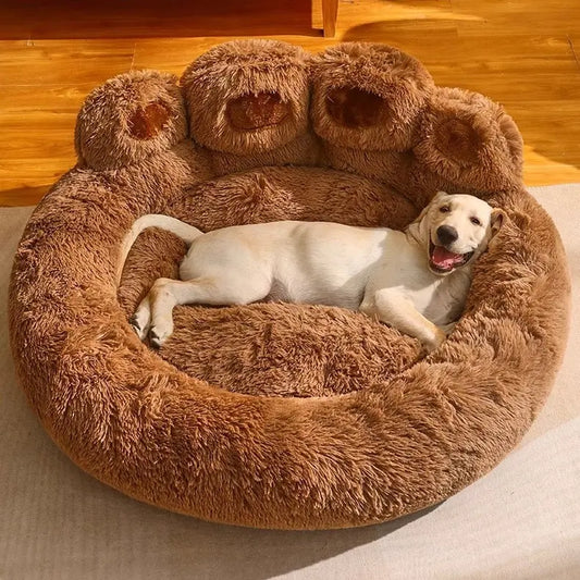 Plush Bear Paw Shaped Calming Pet Bed for Dogs and Cats, Warm and Soft with Removable Washable Cushion and Non-Slip Bottom, Available in Khaki, Gray, and Pink, Sizes 35.4in and 43.3in