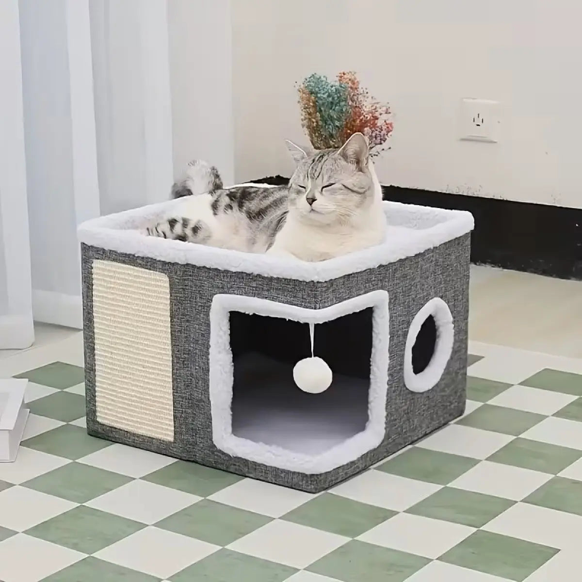 Indoor Cat Bed with Spacious Entry, Foldable Design, Round Windows, and Reversible Double-Sided Cushions, Supports Up to 30 Pounds, Ideal for All Seasons