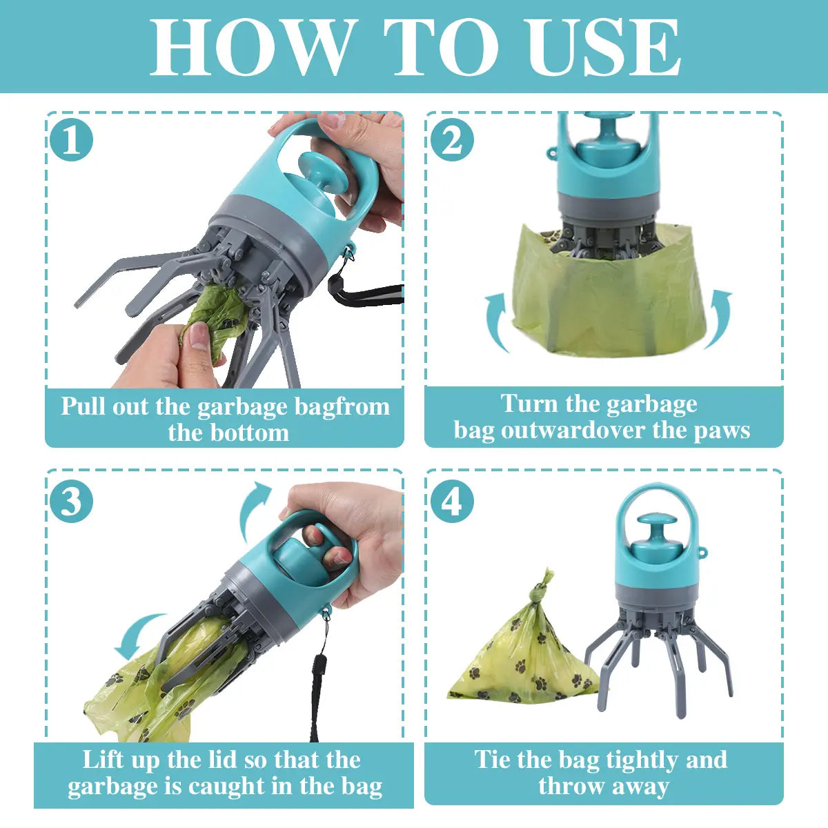 Portable No-Touch Dog Waste Scooper with Teal Green Claw Design, Includes 15 Bag Attachments and Leak-Proof Storage Container