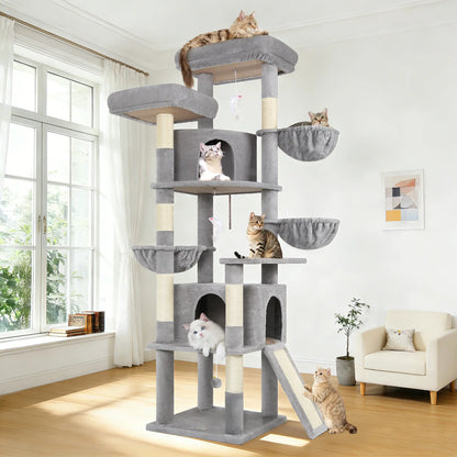 DESKAT 76-Inch Cat Tree for Large Cats with Two Condos, Three Hammocks, and Sisal Scratching Posts