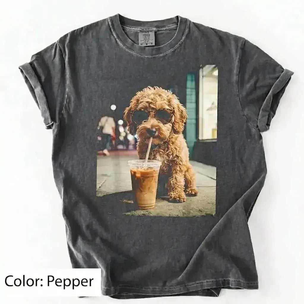 Unisex Graphic Tee Showcasing 50 Dog Breeds - Stylish Iced Coffee Design for Dog Enthusiasts