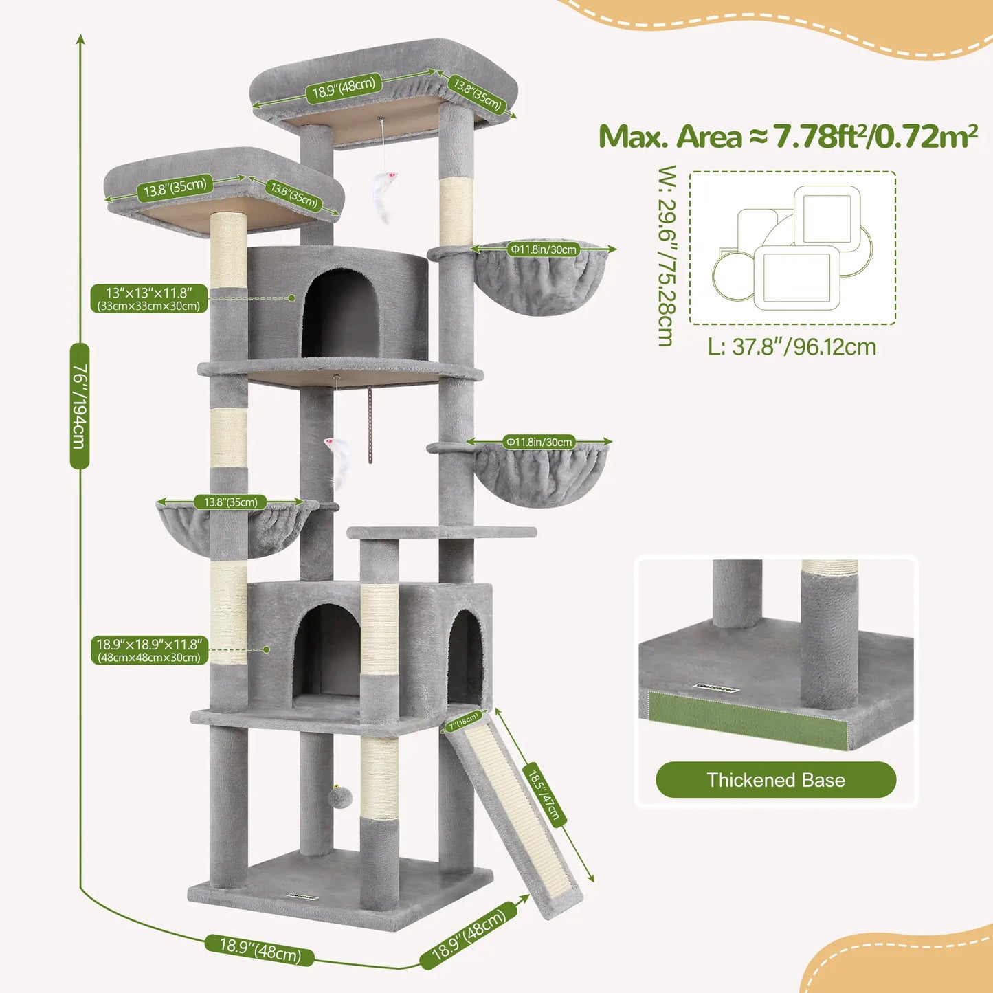 DESKAT 76-Inch Cat Tree for Large Cats with Two Condos, Three Hammocks, and Sisal Scratching Posts