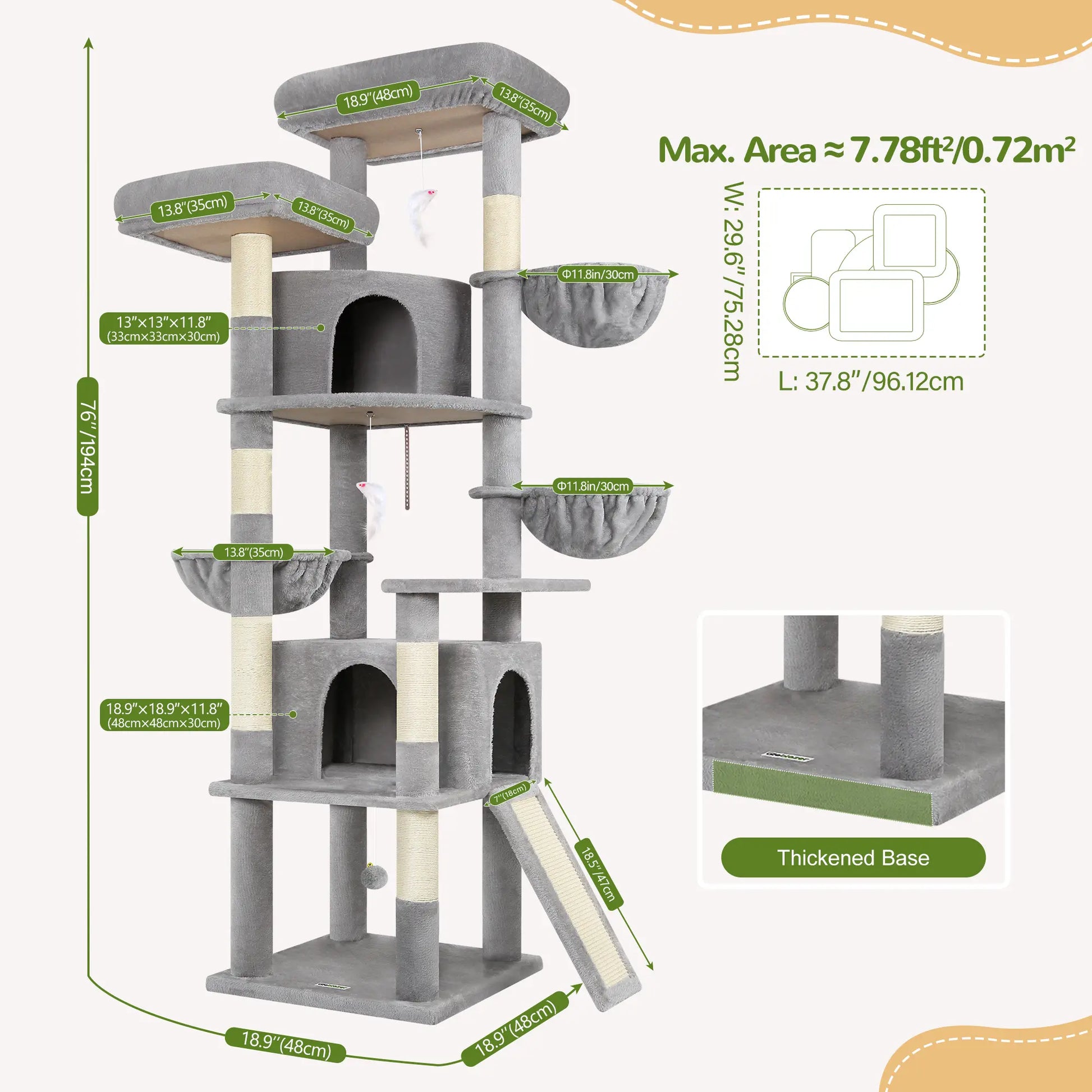 DESKAT 76-Inch Cat Tree for Large Cats with Two Condos, Three Hammocks, and Sisal Scratching Posts