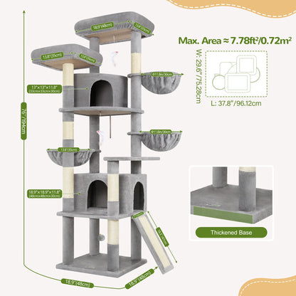 DESKAT 76-Inch Cat Tree for Large Cats with Two Condos, Three Hammocks, and Sisal Scratching Posts