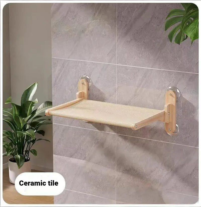 Foldable Solid Wood Cat Window Perch with Heavy-Duty Suction Cup Hammock - Space-Saving Design and Breathable Mesh for Large Cats